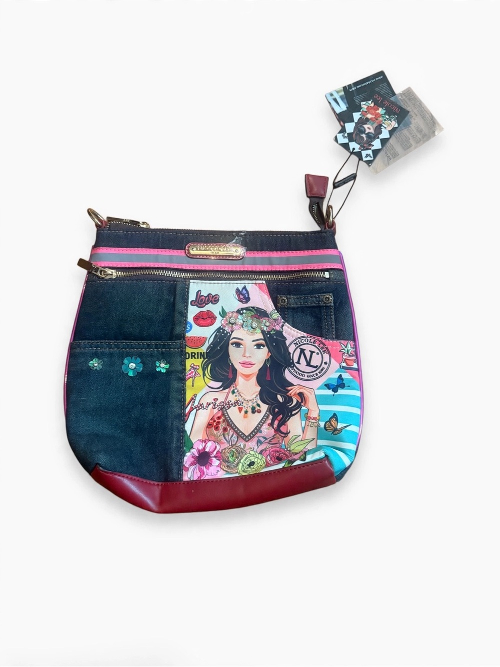 Nicole Lee Denim Crossbody with Pink Trim and Burgundy Base Panel